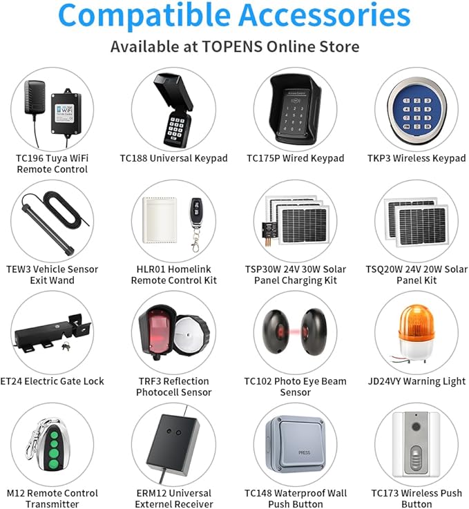 TOPENS A3S Automatic Solar Gate Opener for Light Duty Single Swing Gates Up to 12ft, Single Swing Gate Operator Battery Powered with Remote Control Kit Gate Motor Solar Panel Included