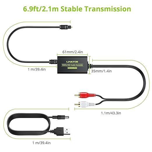 LiNKFOR 192kHz DAC Converter Digital to Analog Converter Digital Optical SPDIF Toslink to Analog Stereo Audio RCA L/R Audio Adapter with Optical Cable for HDTV Blu Ray DVD Amps (RCA Male)
