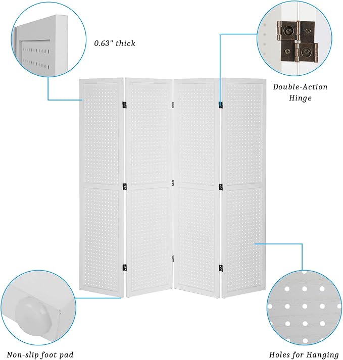 Bonnlo 4 Panel Pegboard Freestanding, 5 FT Portable Display Board Organizer for Craft Show Jewelry, Wooden Folding Privacy Screen Room Divider (with Base, White)