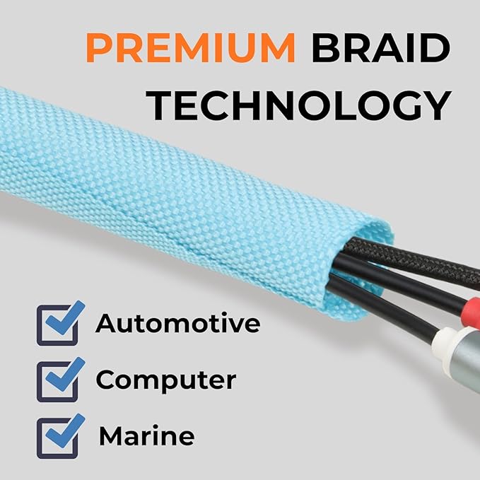 Holed 1/2 inch Split Braided Cable Management Sleeve for USB Cable Power Cord Audio Video Cable, High-Temperature Automotive Harness Wire Loom Cord Protector from Cat Dog Chewing (Blue, 10FT)