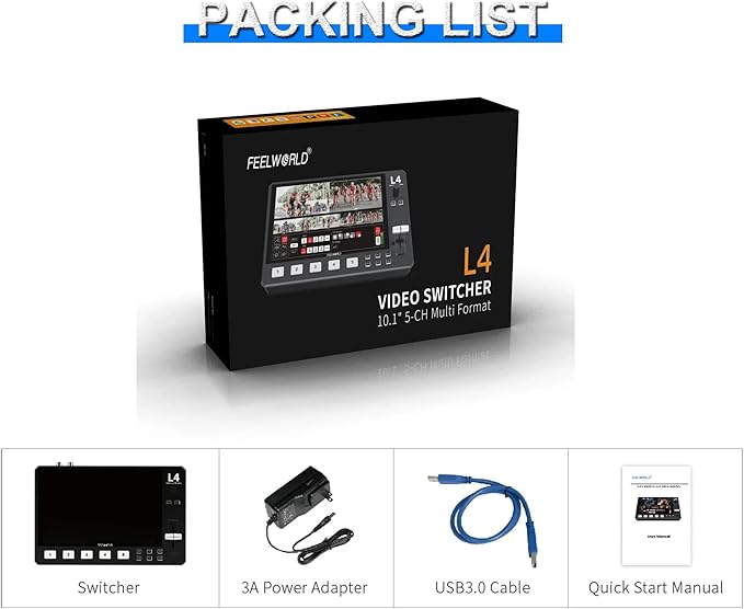 Feelworld L4 Switcher 10.1 Inch Touch Screen Multi-Camera Video Mixer Switcher,4xHDMI,SDI,Audio Input/Output,App/PTZ Control,USB3.0 Fast Streaming,Built-in Cooler,13 Transitions