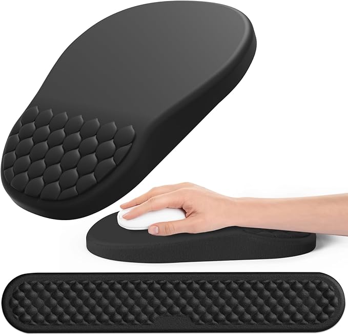 Hasinart Ergonomic Mouse Pad and Keyboard Wrist Rest with Massage Design, Space-Saving Mouse Pad Wrist Support, Memory Foam Wrist Rest with Non-Slip PU Base for Computer Desk, Black