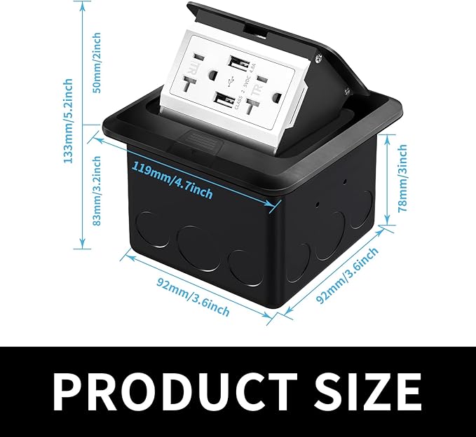 Vagueior Recessed Floor Electrical Outlet Kit,Waterproof Electrical Outlet Covcer Box,Hidden 4.8A USB+20A Tamper-Resistant Receptacle Outlet with Slow Elastic Damping ，ETL Certified,Black(1 Pack)