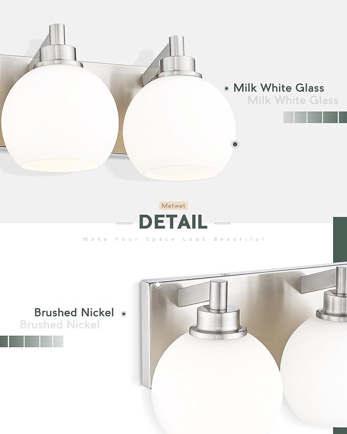METWET Bathroom Light Fixtures, 3-Light Brushed Nickel Vanity Light, Modern Wall Sconces with Milk White Globe Glass Shade, Vanity Lighting Fixtures Over Mirror, VL195-BN-ML-3