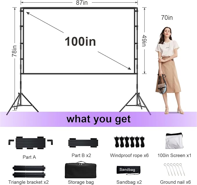 VntB 100 inch Projector sreen and Stand, Outdoor Indoor Projector Screen16:9 Foldable Portable Projector Screens for Movie Night Support Double Sided Projection