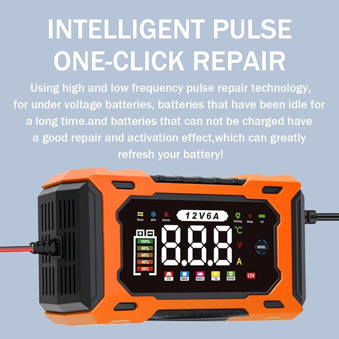 6-Amp 12V Smart Car Battery Charger, Battery Maintainer Trickle Charger with Desulfator, Pulse Repair & Overcharge Protection - for Car Lawn Mower Marine Lead-Acid Batteries (Orange)
