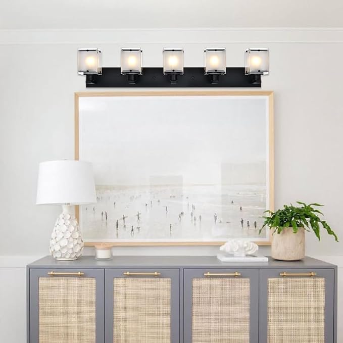 WINSHEN 5-Lights Bathroom Light Fixtures, Matte Black Modern Vanity Lights with Rectangular Frosted Glass for Over Mirror Dressing Table, E26 Bulb Base