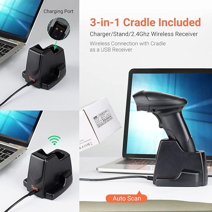 Tera Wireless 1D 2D QR Barcode Scanner with USB Charging Base Handheld Bar Code Reader Scanner Automatic Sensing Fast Precise Scanner HW0005