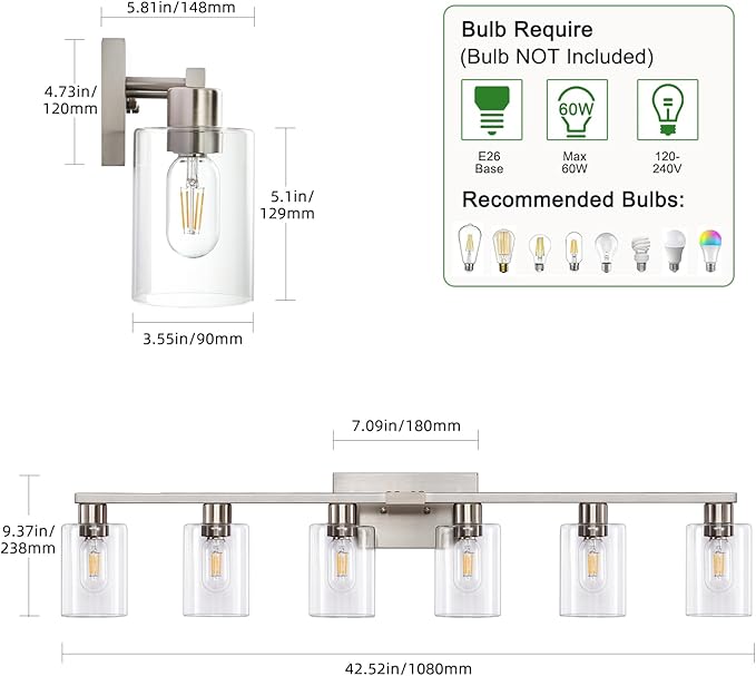 SOPEAS 6-Light Bathroom Light Fixtures, Vanity with Clear Glass, Brushed Nickel Lighting Fixtures Over Mirror, 42inch Large Lights for Bathroom
