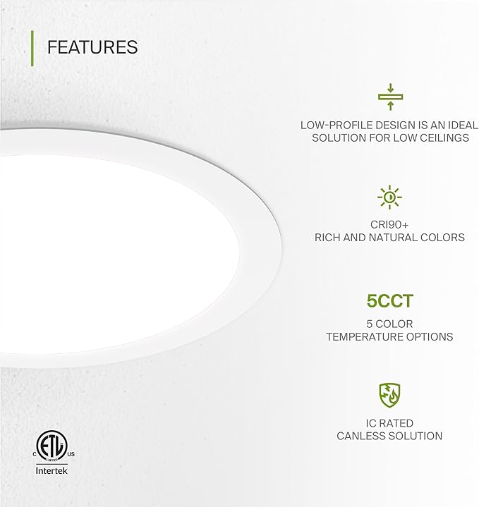ASD 1 Pack 11/12 Inch LED Recessed Lighting 24W, 5 CCT 2700K-5000K CRI90+, IC Rated Ultra Thin Dimmable Ceiling Lights with J Box, Canless Wafer Downlight, Round Slim Panel Light, UL Listed, White