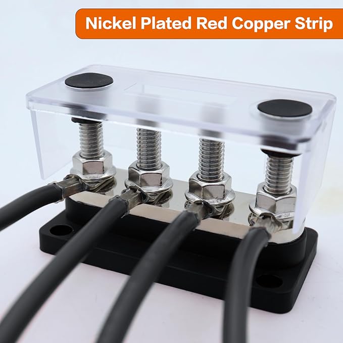 AMOMD 300A Bus Bars 4 Terminal Studs (3/8 inch) M10 Nickel Plated Copper Distribution Block Negative Electrical Buss Bars 12-48 V DC with Cover for Trailer Marine Boat Car RV (Black)