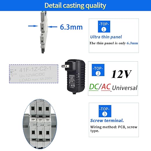 ZJWZJH Miniature Power Relay 12V DC/AC HF41F/12-ZS 5 Pin 1NO 1NC 6A SPDT, Socket Base with LED Indicator 41F-1Z-C2, with DIN Rail, 3Pcs Electromechanical Relays