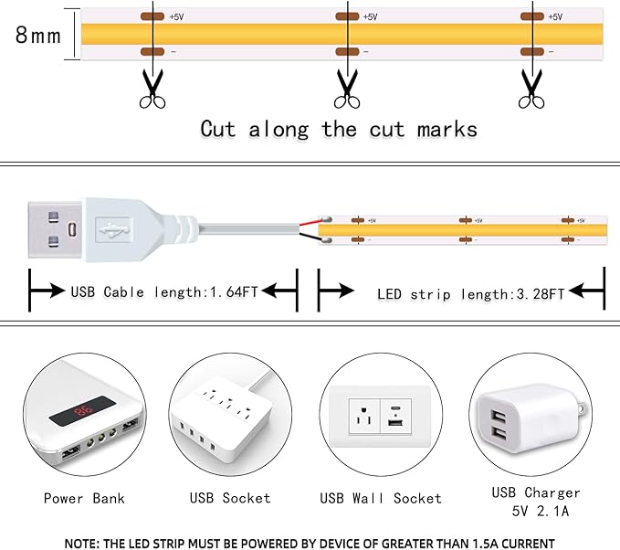 UVTaoYuan Short Led Strip Lights 5V USB LEDs Display Cabinet Lighting USB 8mm Small COB LED Strip Light 4000K Warm White Not Dimmable Flexible led for Home DIY TV Lights Indoor Use (3.28FT /1M)