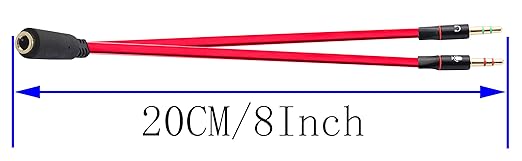 zdyCGTime 3.5mm AUX Headphone Y Splitter Cable 4-Pole 3.5mm AUX Female to 3-Pole 2x3.5mm Male Headset Mic & Stereo Audio Cable for PC Computer and Old Version Laptop Y Audio Flat Cable (20CM) (Red)