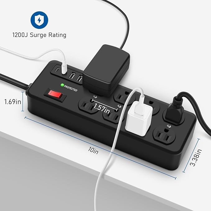 Heavy Duty Power Strip with USB,8 Outlet Workshop Metal Power Strip,PD20W USB C 15A 1200 Joules Surge Protection,Wide Spaced,10FT Cord