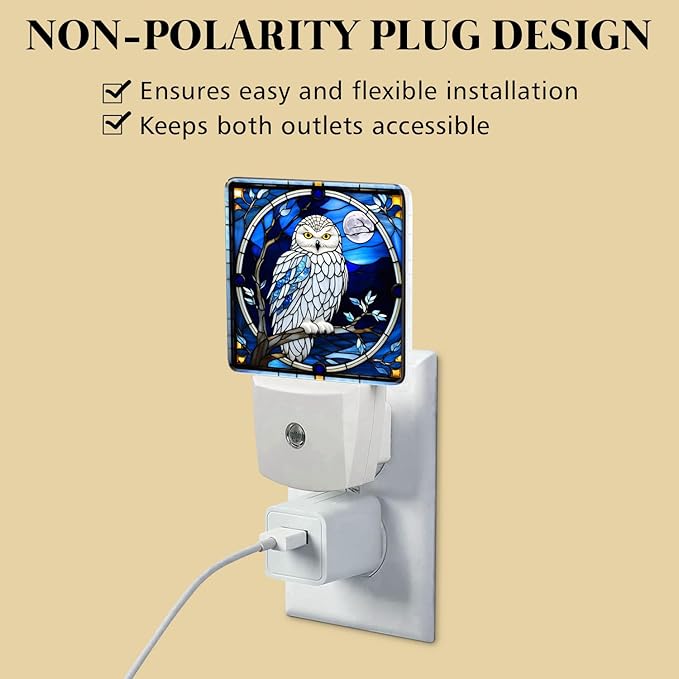 PODMemory Owl Stained Glass Night Lights Plug into Wall for Room, Owl Night Light LED for Bedroom