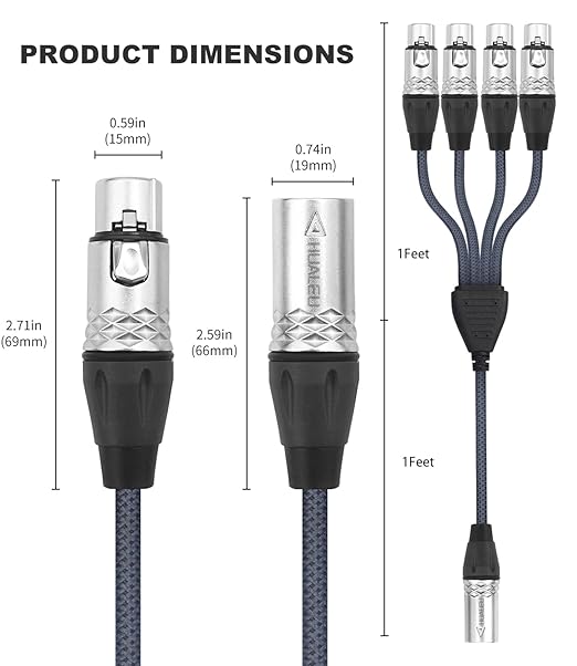 HUALEU 3Pin XLR 1 Male to 4 Female Splitter Cable 2Feet,4WAY XLR Four-Input and one-Output Parallel Connection Adapter,4 Microphone inputs Converted to 1 Output,4 in to 1 Out Aduio Splitter Cable
