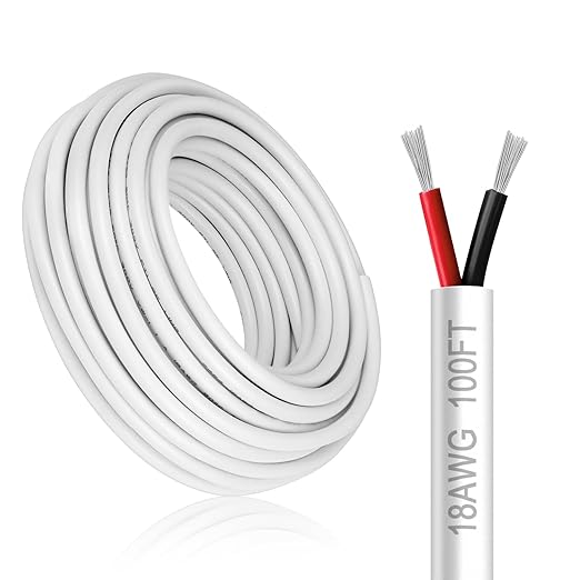 18 Gauge 2 Conductor Electrical Wire, 100FT White Stranded Low Voltage 18/2 PVC Case, 18 AWG Tinned Copper 2 Wire Extension Power for Strips LED Lamp Lighting