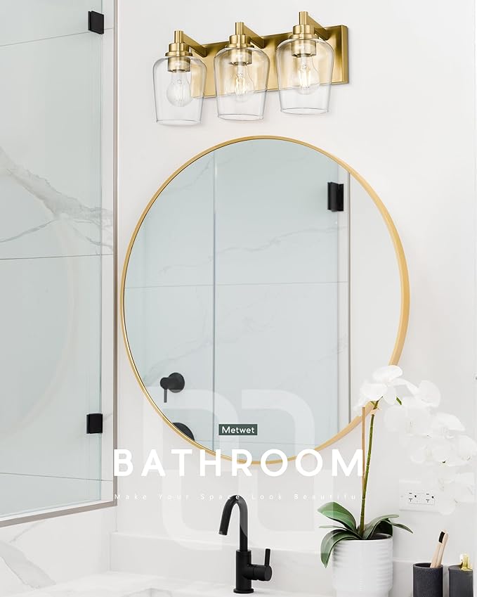 METWET Bathroom Light Fixtures, 3-Light Modern Vanity Light with Clear Glass Wine Glass-Shaped Shade, Vanity Lighting Fixtures Over Mirror, Brushed Gold, VL155-BG-3