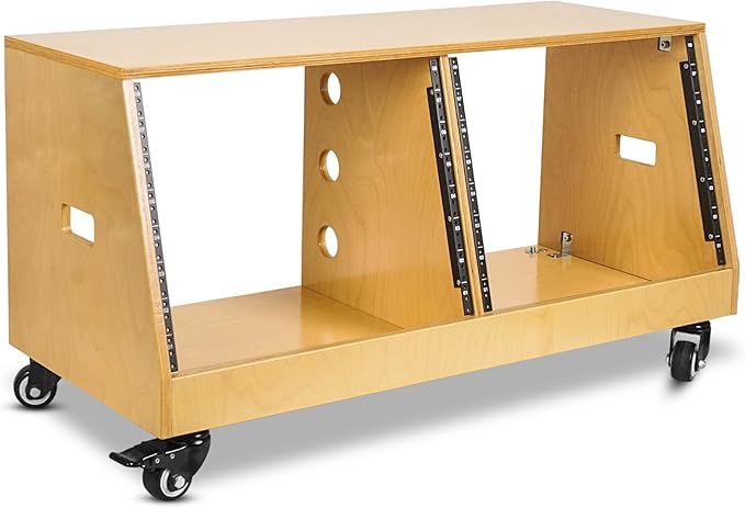 Sound Town DIY 2 x 8U Slanted Studio Rack with Solid Baltic Birch Plywood, Casters, Golden Oak for Recording Room, Home Studio (SDRK-D8T)