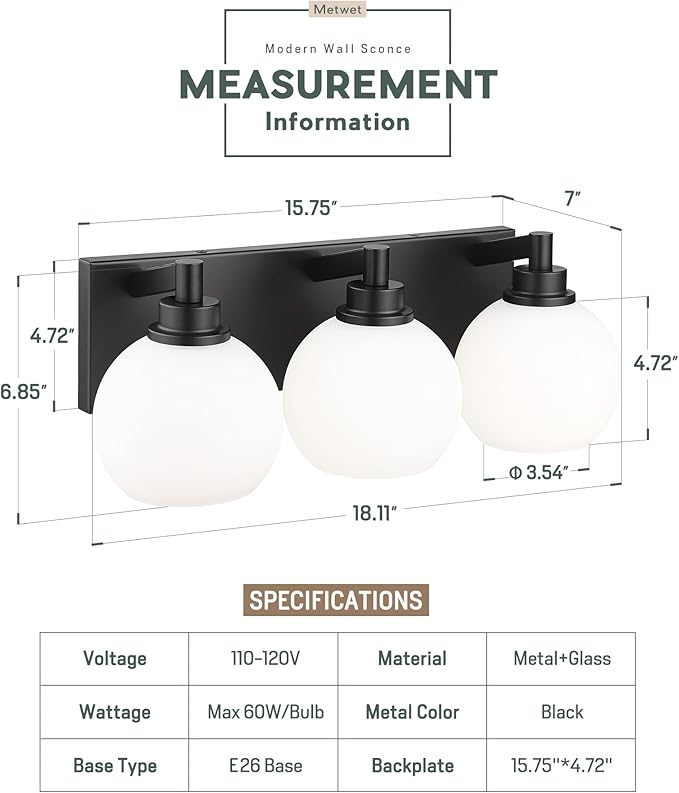 METWET Bathroom Light Fixtures, 3-Light Matte Black Vanity Light, Modern Wall Sconces with Milk White Globe Glass Shade, Vanity Lighting Fixtures Over Mirror, VL195-MB-ML-3