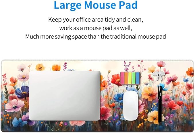 CANFLASHION Desk Pad,Office Desk Mat 31.5"×11.8" Large Gaming Mouse Pad,Durable Extended Computer Mouse Pad,Waterproof Thick Big Mouse Pads with Non-Slip Rubber Base Office Home Watercolor Wild Flower