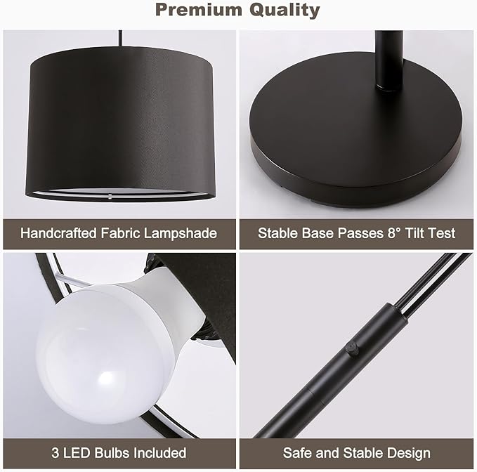 Fansdrick Floor lamp with Remote, 3 Light Arc Floor Lamps for Living Room, 2400LM Tall Standing Floor Lamps with Black Shades, 80" Large Floor Lamp for Bedroom, Office