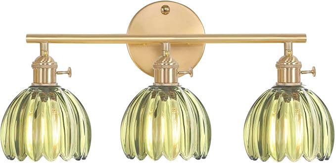 Shenmoyl Bathroom Light Fixtures, 3-Light Brass Vanity Wall Light Over Mirror with Green Tulip Glass Shade for Bedroom Living Room (Bulb Not Included)
