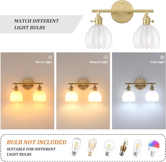 Shenmoyl Bathroom Light Fixtures, 2-Light Brass Vanity Wall Light Over Mirror with White Tulip Glass Shade for Bedroom Living Room (Bulb Not Included)