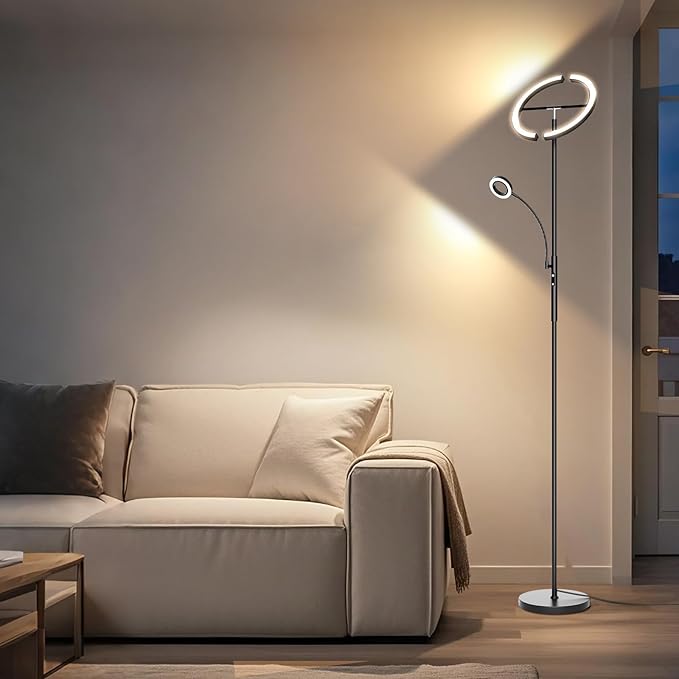 SIBRILLE LED Floor Lamp for Living Room - Modern Standing Lamp with Reading Light, Remote Touch Control Floor Light Dimmable Mother-Daughter Tall Bedroom Lamp for Couch Office, 29W, Black