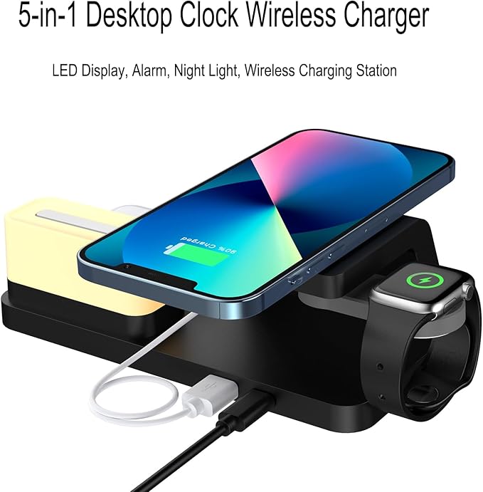 FJHBL Multi-Functional Wireless Charger with Clock -HT309(Black), Alarm, Color-Switchable Night Light, 15W Wireless Charging, Compatible with Almost All Qi-Enabled Phones, Watches, and Earbuds.
