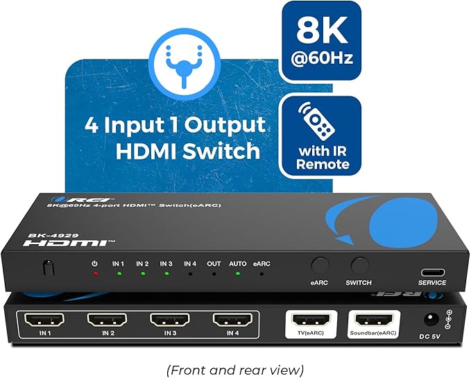 OREI 4-Port eARC 8K Audio Extractor 4x1 Switch for Monitors TVs, Extract Dolby Atmos to Convert Sound bar 4K @ 120hz 18G ARC HDCP 2.3 Perfect for 8K Displays, CEC, Remote Control Works for Sonos Bose