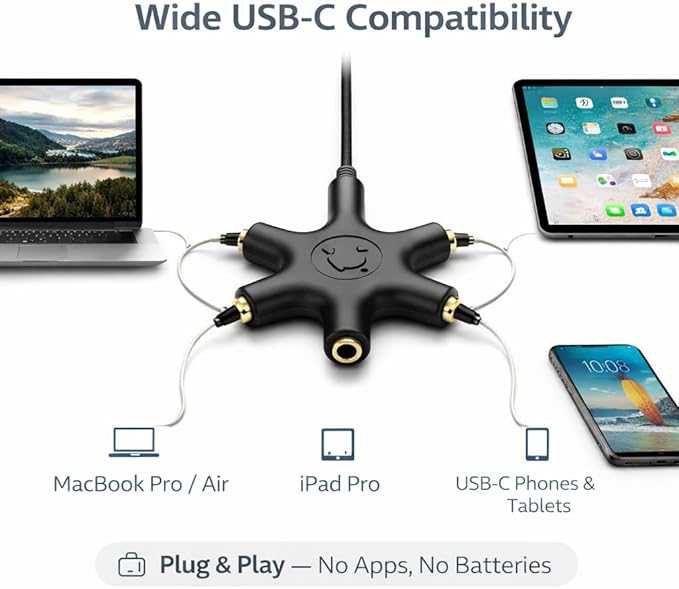 Mizi USB-C Headphone Splitter 5-Way - Type-C to 3.5mm Audio Adapter with 1 Male to 5 Female Ports, Multi-Headphone Aux Splitter for Phone, Tablet, Laptop, PC - Black