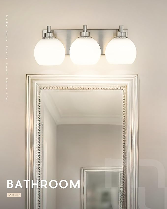METWET Bathroom Light Fixtures, 3-Light Brushed Nickel Vanity Light, Modern Wall Sconces with Milk White Globe Glass Shade, Vanity Lighting Fixtures Over Mirror, VL195-BN-ML-3