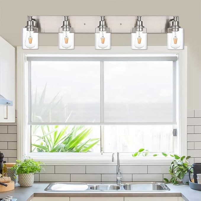 TODOLUZ 5-Light Vanity Light Fixture in Brushed Nickel, Clear Glass Bathroom Light Over Mirror, Modern Wall Sconce Lighting for Living Room