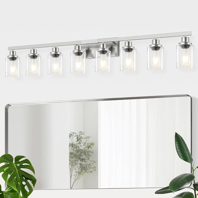 DIKAIDA 52inch Brushed Nickel Vanity Light Fixtures, 8 Light Brushed Nickel Bathroom Vanity Lights Over Mirror, Matte Nickel Modern Bathroom Wall Lighting for Mirror Bedroom,Living Room