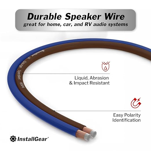 InstallGear 100ft 14 Gauge Speaker Wire with 12 Banana Plugs - Copper Clad Aluminum Cable for Clear Audio Sound - Easy-Install Car Speaker Wire and Home Theater Setup with Blue Black Jacket