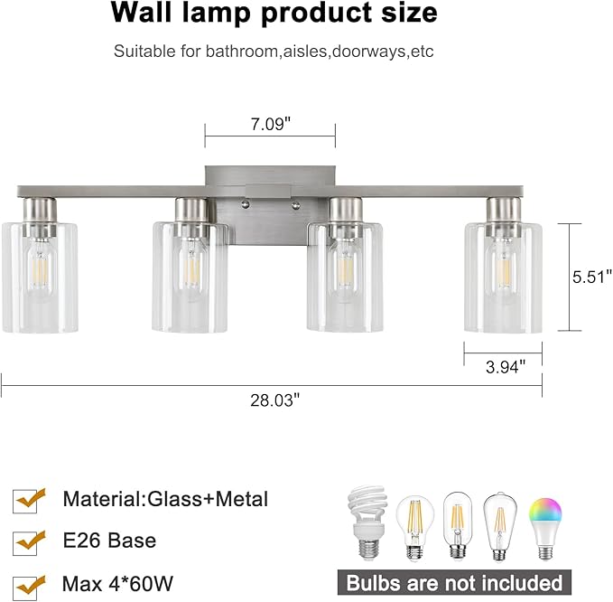 SOPEAS 4 Light Bathroom Light Fixtures, Brushed Nickel Modern Bathroom Vanity Light with Clear Glass Shade, Bathroom Lighting Fixtures Over Mirror, Vanity Lights for Bathroom Mirror