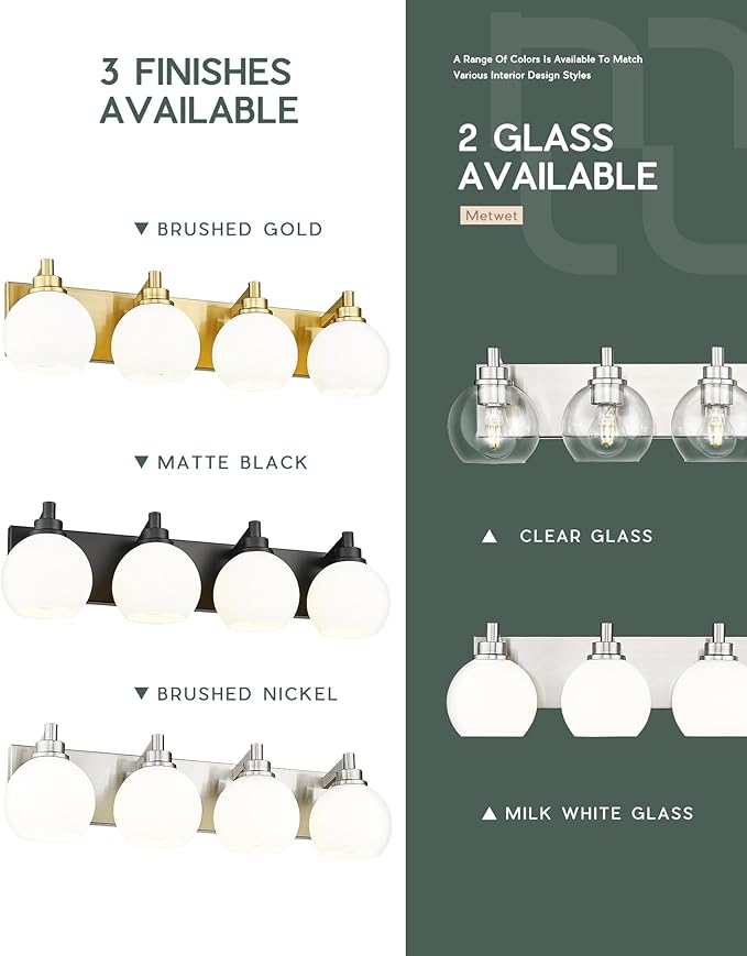 METWET Bathroom Light Fixtures, 4 Light Brushed Nickel Vanity Light, 26 Inch Modern Wall Sconces with Globe Milk White Glass Shade, Vanity Lighting Fixtures Over Mirror, VL195-BN-ML-4