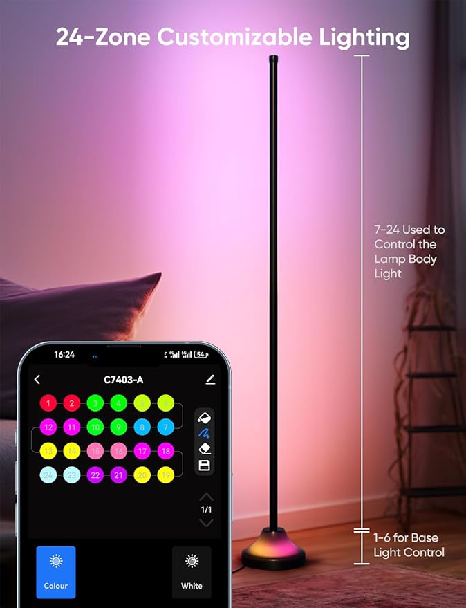 RGB&IC Smart Corner Floor Lamp – 20 W/1100 lm, 24‑Zone DIY & Music‑Sync LED Standing Lamp, App & RF Remote Control, Alexa & Google Home Compatible, Durable Aluminum‑Alloy Base for Living Room Bedroom