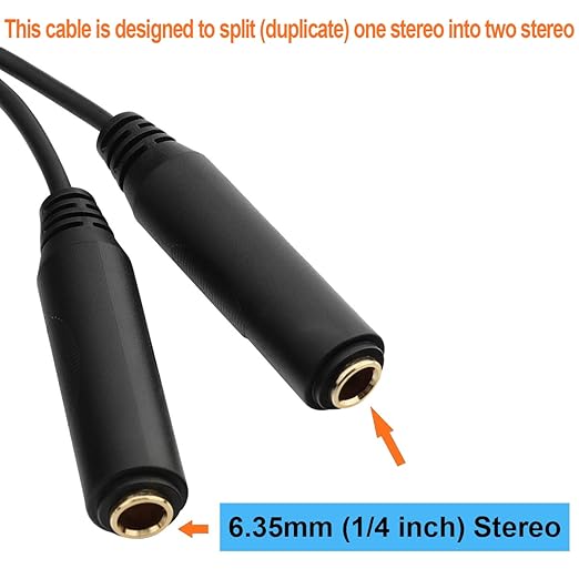 TISINO 6.35mm (1/4 inch) Jack Splitter Cable, 20cm (8 inches), Headphone Splitter Cable, Splitter, Stereo Male to Dual Stereo Female Jack, Compatible with Headphone, Amplifier, Karaoke