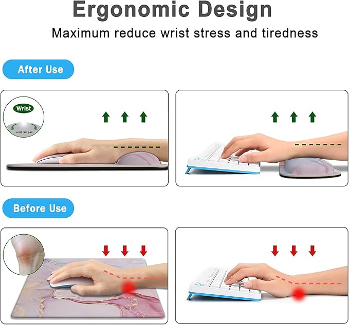 Keyboard Wrist Rest Memory Foam Ergonomic Mouse Pad with Computer Wrist Support Set with Non-Slip Rubber Base Coaster for Home, Office Easy Typing and Pain Relief - Pink Gold Marble