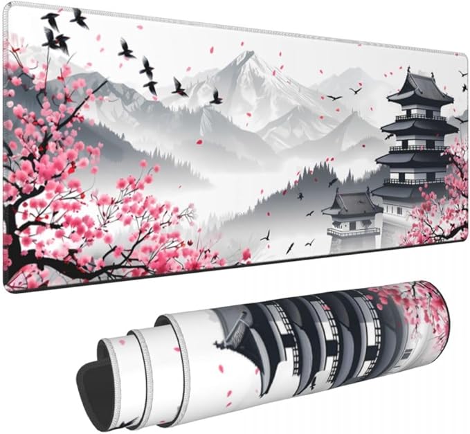 CANFLASHION Desk Pad,Office Desk Mat 31.5"×11.8"Large Gaming Mouse Pad,Durable Extended Computer Mouse Pad,Waterproof Thick Big Mouse Pads with Non-Slip Rubber Base Office Home Japanese Castle Cherry