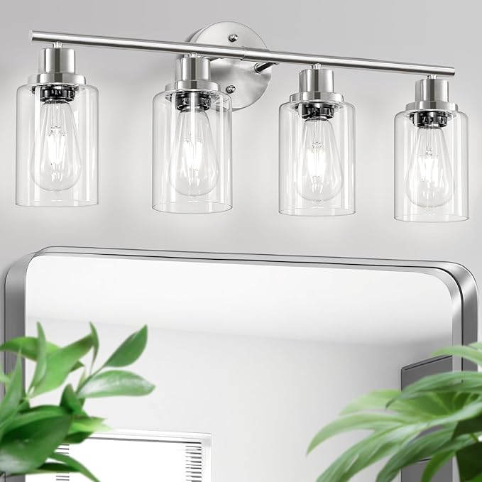 Guliaofo 4-Light Nickel Bathroom Light Fixtures, E26 Modern Vanity Lights for Bathroom with Clear Glass Shade, Wall Lamps for Mirror Hallway Kitchen Cabinet Living Room Sconces Lights