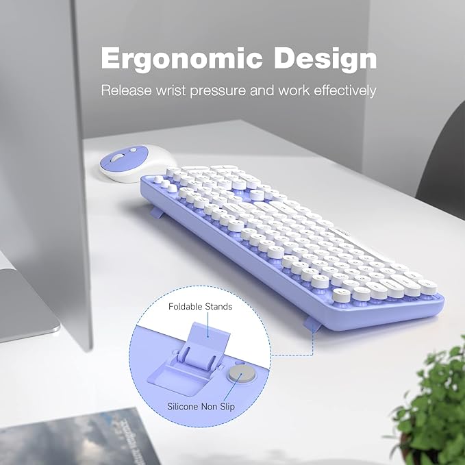 MOFII Wireless Keyboard and Mouse Combo, Computer Full Size 2.4G Plug and Play Wireless Typewriter Retro Round Keyboard and Mouse Set for Windows, Computer, Desktop, PC, Notebook - (Light Purple)