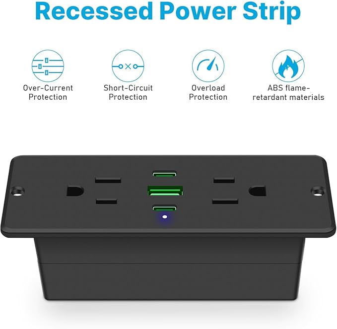 CCCEI Recessed Power Strip with Outlet and 45W USB C Ports, Furniture Flush Mount Power Strip, Small Desk Hidden Outlet for Conference Table, Nightstand, Black, 6FT.