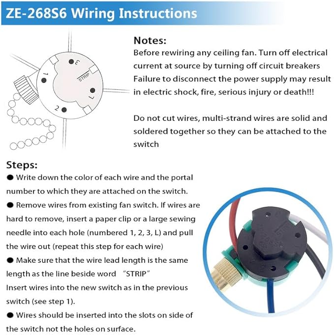 ZE-268S6 Ceiling Fan Switch 3 Speed 4 Wire Pull Chain Switch Control Switch Compatible with Hunter Ceiling Fans, Wall Lamps, Cabinet Light (2 Pack, Nickel)