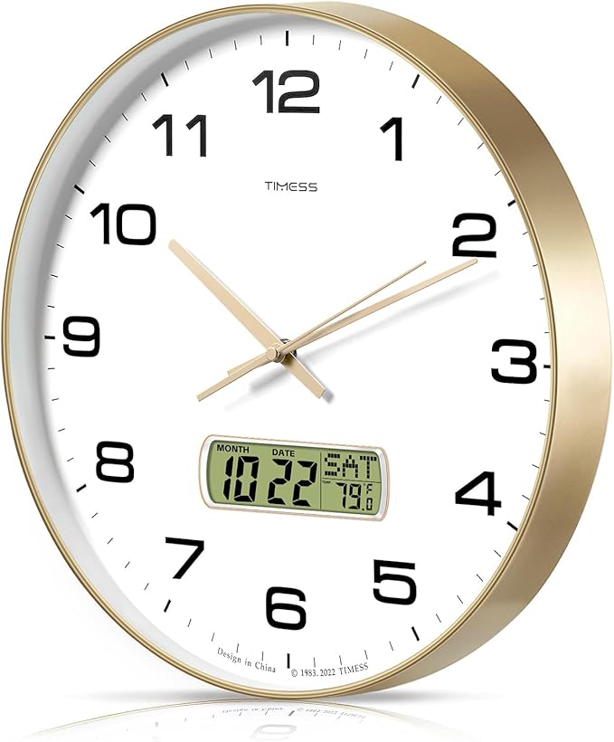 TIMESS Wall Clock, 13" Dial Non-Ticking Silent Battery Operated Analog with LCD Display for Perpetual Calendar and F° Temperature, Ideal Modern Home, Bedroom, Kitchen, Office Decor (Gold)