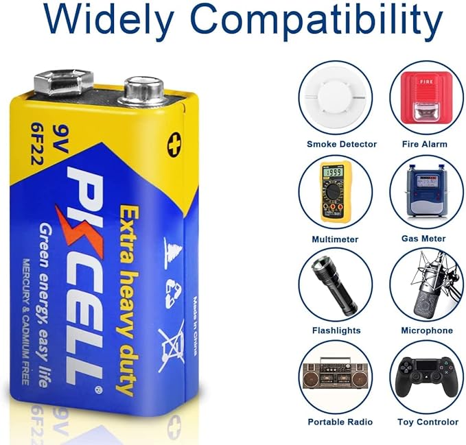 PKCELL 9V Batteries, 4 Pack 9 Volt Batteries Carbon Zinc, 9V Battery for Smoke Detector, Alarms, 6F22 Square Battery