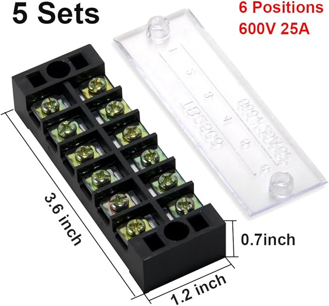 MILAPEAK 10pcs (5 Sets) 6 Positions Dual Row 600V 25A Screw Terminal Strip Blocks with Cover + 400V 25A 6 Positions Pre-Insulated Terminals Barrier Strip (Black & Red)